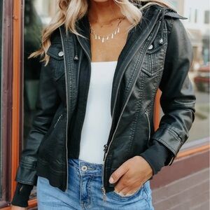 Black Hooded Sweatshirt Vegan Leather Jacket!